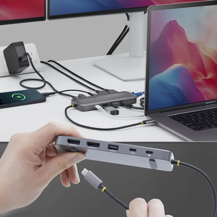 StarTech Adaptador Multipuertos USB-C a Doble DisplayPort 100W 4K60 GbE Gris