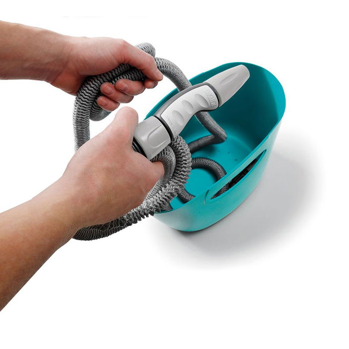 GF Kit manguera extensible 15 m, incluye mini pistola ergonómica, toma grifo de 3/4 pulg y cesta de plástico color azul