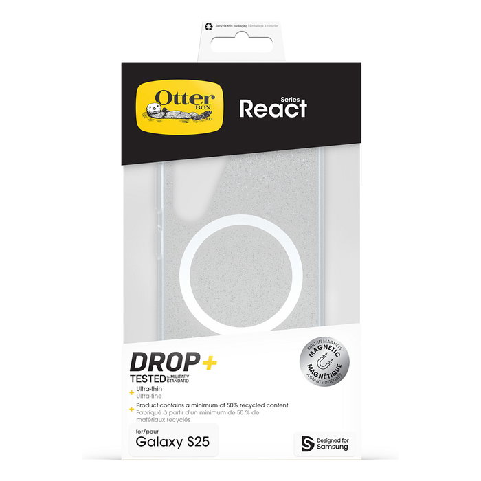 Otterbox React Magnet Qi2 para Samsung Galaxy S25, funda protectora con carga inalámbrica MagSafe, color Stardust transparente y negro, compatible S25, GP-FPS931OBJSW