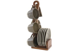 DKD Home Decor Set de Café de 6 Piezas en Gres y Acacia Verde