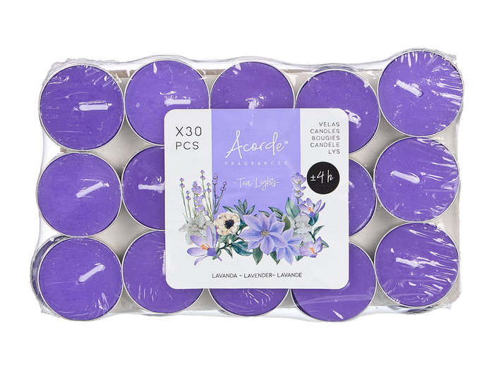 Acorde Set 30 Velas Tea Light Lavanda 3 Horas Duración 19x11.2x2.7 cm (Set de 24)