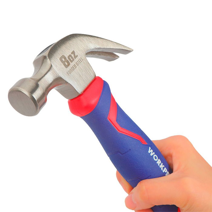 Workpro Martillo de Carpintero Mini, Cabeza de Acero al Carbono Forjado 225g, Mango Fibra de Vidrio, Empuñadura Goma Texturizada para Agarre Antivibraciones