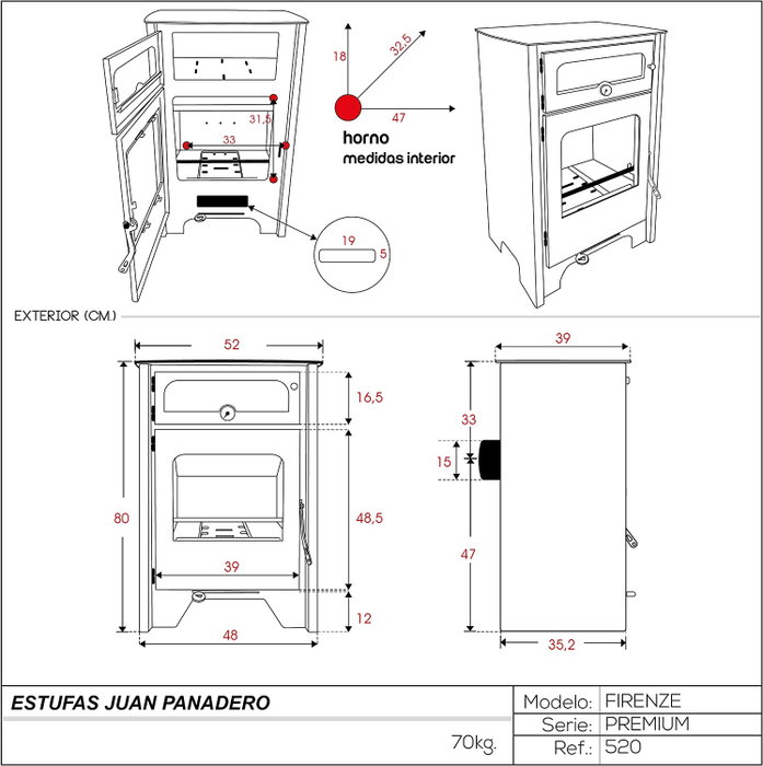 FIRENZE Estufa de leña 520 con horno Ecodesign sin posterior
