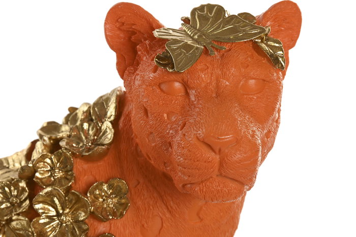 DKD Home Decor Figura de Leopardo en Resina Naranja y Dorado