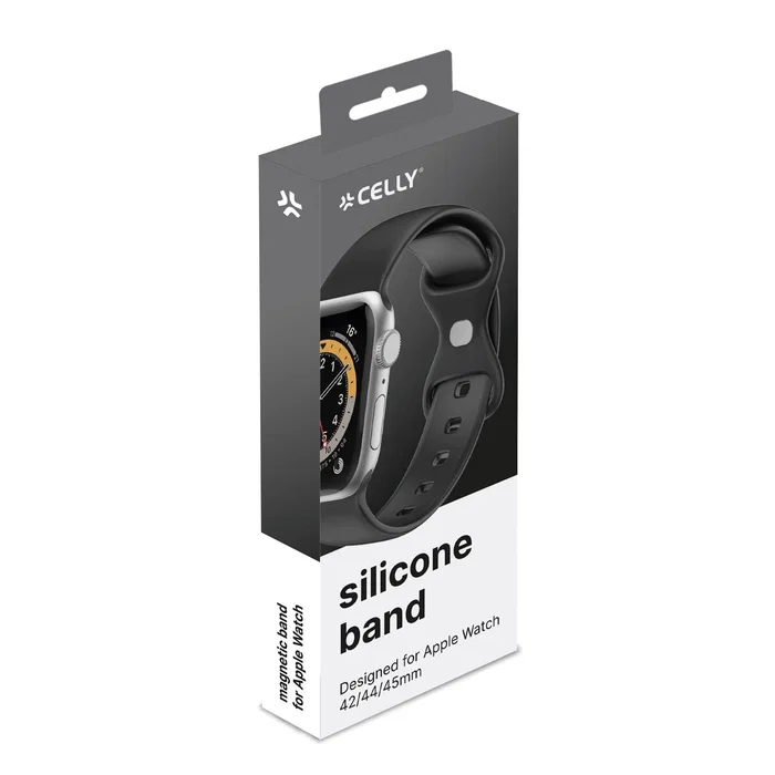 Celly Correa de Silicona para Apple Watch Series 38/40/41 mm y 42/44/45 mm, Color Negro, Cierre con Pasador y Doble Hebilla