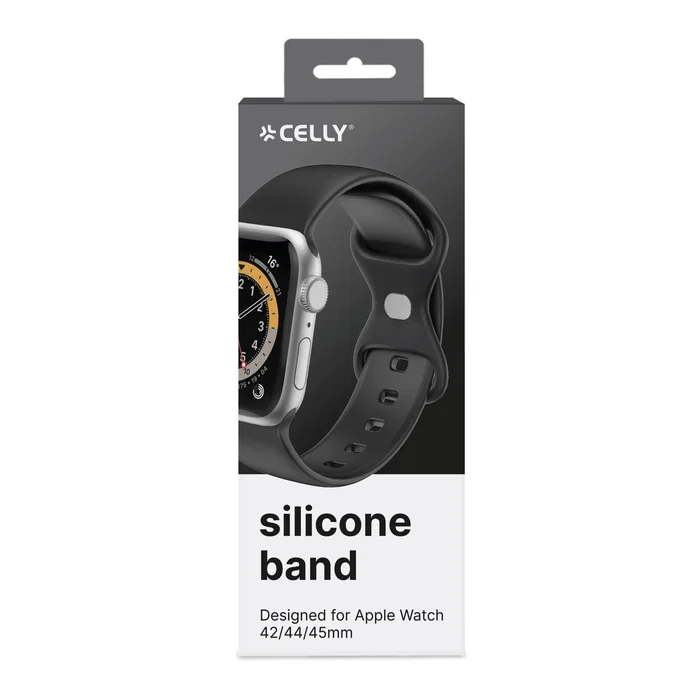 Celly Correa de Silicona para Apple Watch Series 38/40/41 mm y 42/44/45 mm, Color Negro, Cierre con Pasador y Doble Hebilla