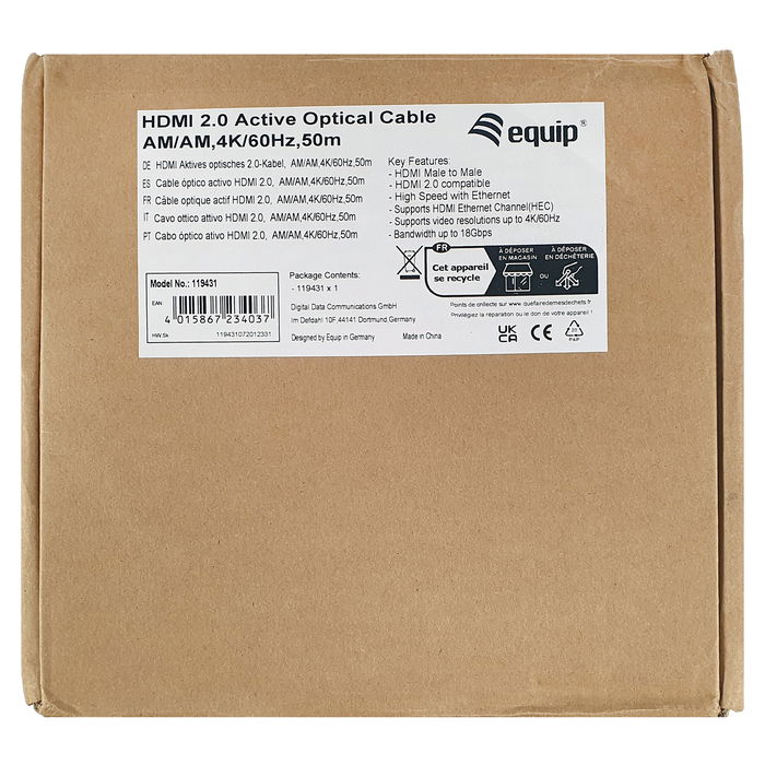 EQUIP Cable HDMI 119433 Óptico Activo 2.0, 100m, 4K 60Hz, HDR, Ethernet, Estándar A-A, Negro