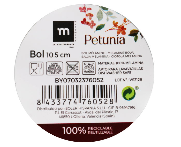 La Mediterranea Bol Melamina Colección Petunia 10.5 cm Brillo Md (36 Unidades) La Mediterranea Bol Melamina Colección Petunia 10.5 cm Brillo Md (36 Unidades)