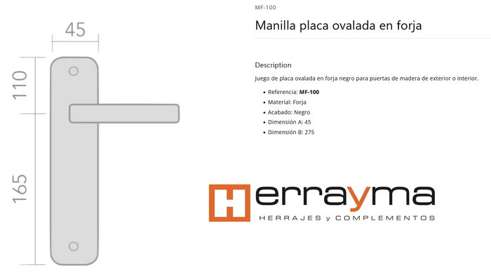 Juego de manilla placa 275 x 45 mm puertas forja negro MF-100