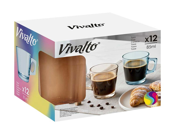 VIVALTO Taza de Café de Vidrio Surtida 6 Colores 85 ml (Pack de 72) VIVALTO Taza de Café de Vidrio Surtida 6 Colores 85 ml (Pack de 72)