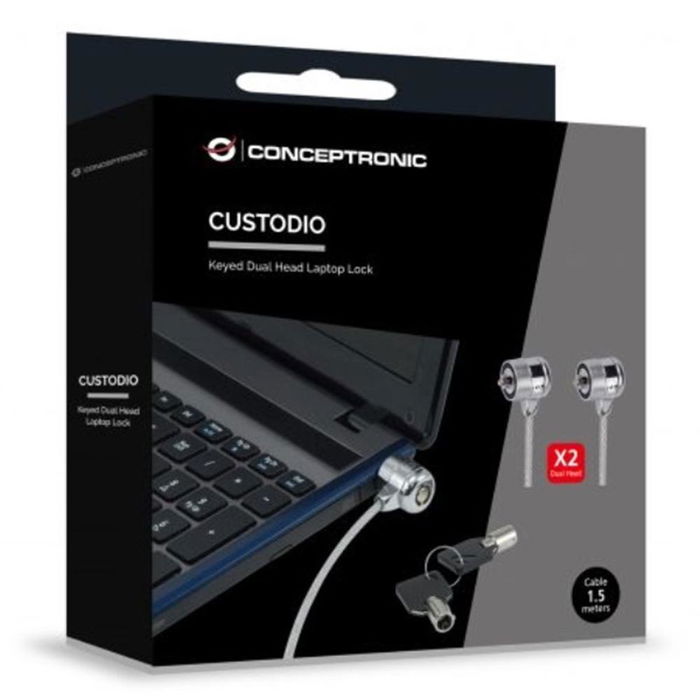 Conceptronic Cable Candado de Seguridad para Portátiles Doble, 1.5 Metros, 4.0 mm, con 2 Llaves