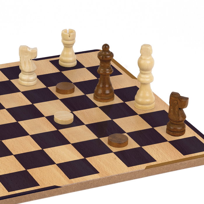 DEQUBE D00323 - Set de Juegos de Estrategia Ajedrez, Damas y Backgammon en Caja Metálica con Piezas de Madera, Reversible