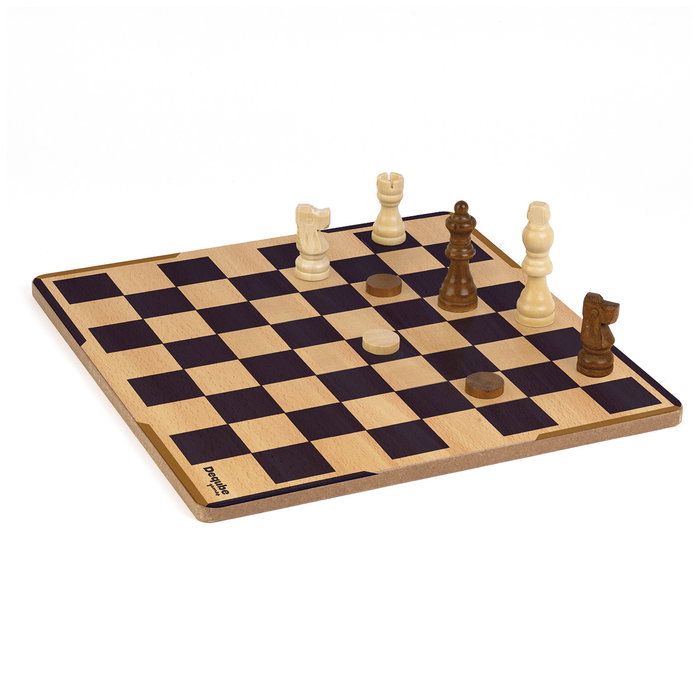 DEQUBE D00323 - Set de Juegos de Estrategia Ajedrez, Damas y Backgammon en Caja Metálica con Piezas de Madera, Reversible