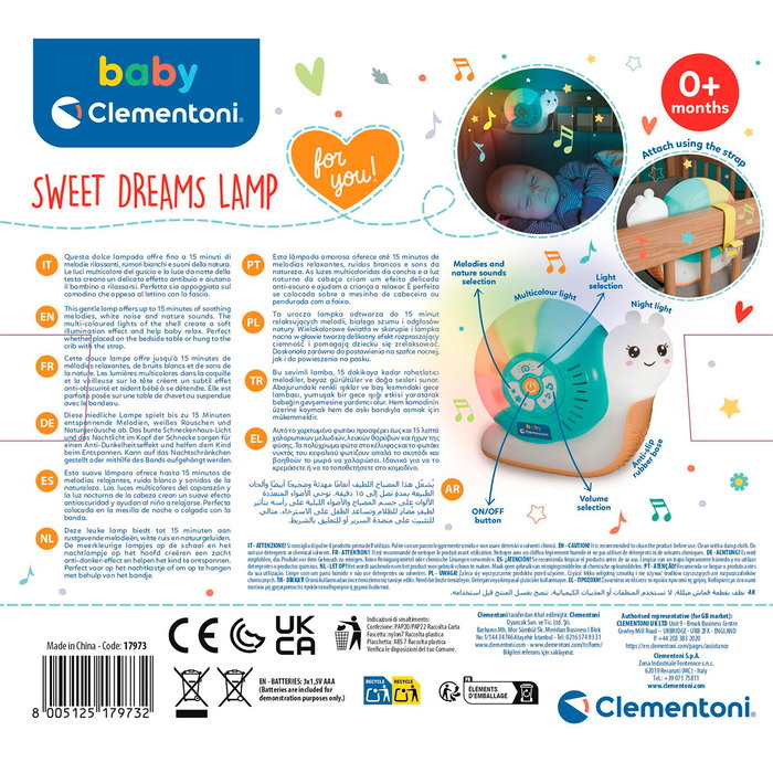Clementoni Lámpara-Nana Caracol 17973 Dulces Sueños, Luz y Sonidos Relajantes, 6 Idiomas (ES, EN, FR, DE, IT, PT), para Bebés +0 Meses