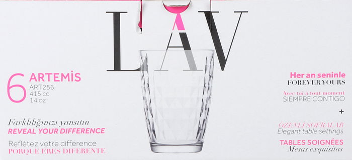 Lav Conjunto de 6 Vasos 415 cc New Artemis, Modelo Artemis, 8.6 x 8.6 x 12 cm (8 Cajas)