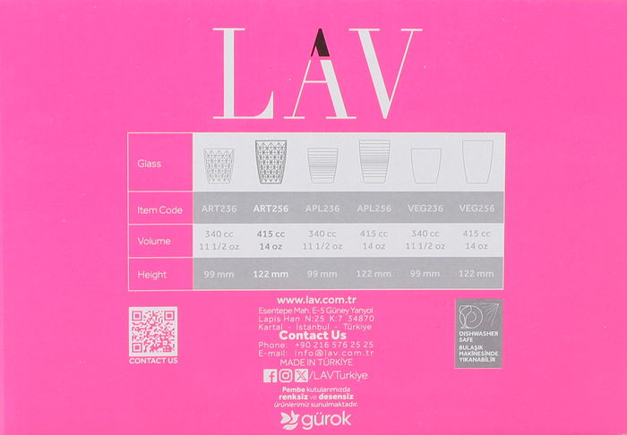 Lav Conjunto de 6 Vasos 415 cc New Artemis, Modelo Artemis, 8.6 x 8.6 x 12 cm (8 Cajas)