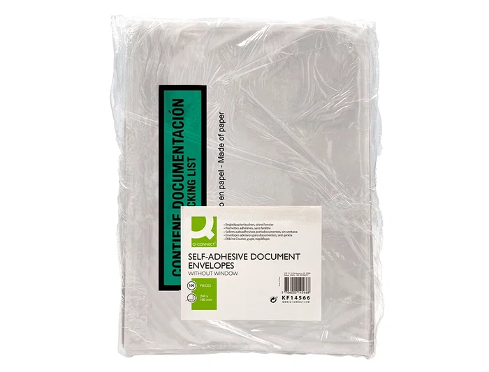 Q-connect Sobre Autoadhesivo Portadocumentos Multilingüe 240x180 mm sin Ventana Paquete de 100 Unidades