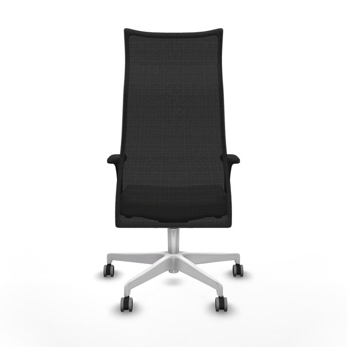 Sillón Albacete con mecanismo Sincro tapizada con Similpiel color Blanco y malla color Negro. Equipado con Base poliamida blanca, Brazos 1D y Ruedas 65 mm parqué