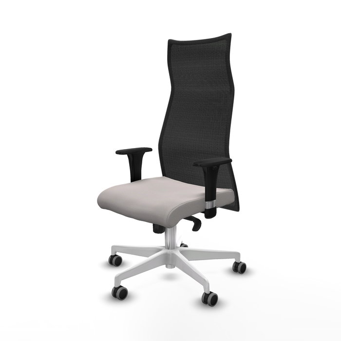 Sillón Albacete con mecanismo Sincro tapizada con Similpiel color Blanco y malla color Negro. Equipado con Base poliamida blanca, Brazos 1D y Ruedas 65 mm parqué