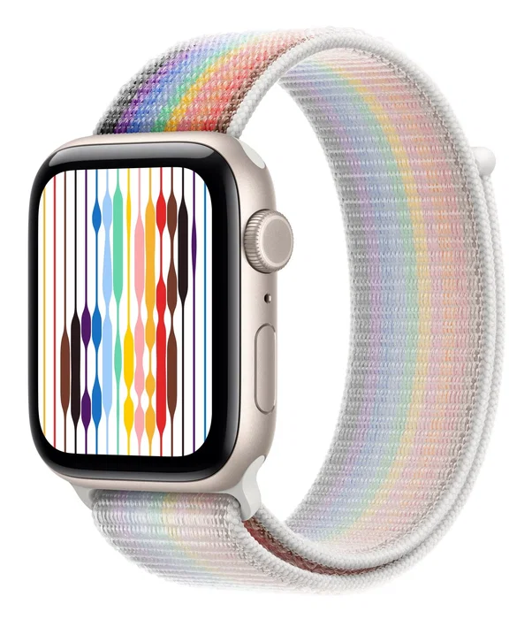 Apple MGXV4ZM/A Correa Deportiva Loop Edition Pride para Apple Watch 44/45/46/49 mm, Cierre de Velcro, Nylon, Multicolor