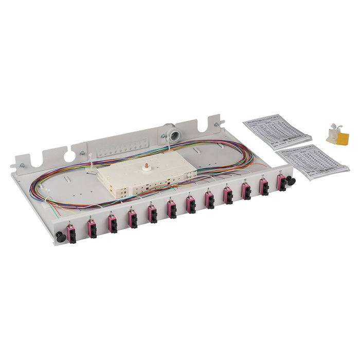 EFB Elektronik BA71203L24OM4 Panel de parcheo de fibra óptica OM4 con 24 pigtails y 12 acopladores dúplex SC