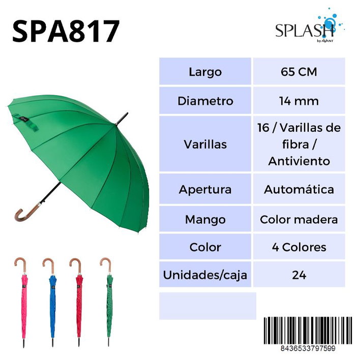 SPLASH BY AVANT Paraguas Splash SRA largo 16v antiviento liso SPLASH BY AVANT Paraguas Splash SRA largo 16v antiviento liso