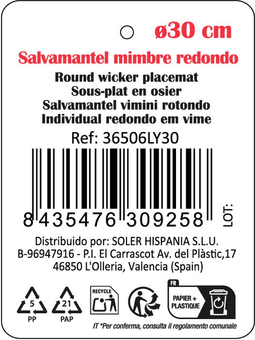 Inde Salvamantel Mimbre Redondo 30 cm con Asas Privilege (12 Unidades) Inde Salvamantel Mimbre Redondo 30 cm con Asas Privilege (12 Unidades)