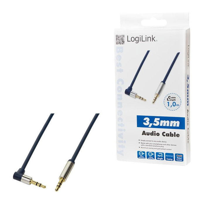 LogiLink Cable de audio 3,5 mm 3-pin/M (90°) a 3,5 mm 3-pin/M, metal, azul, 1 m