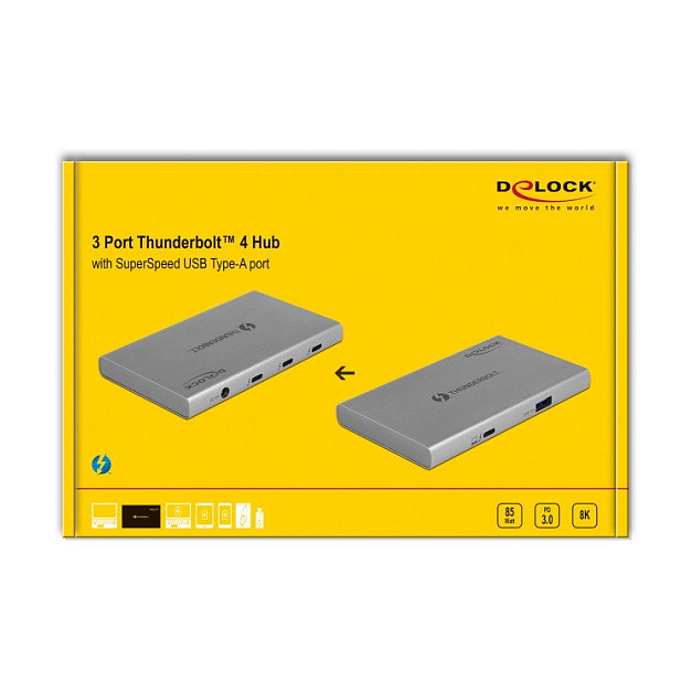 DeLOCK Concentrador Thunderbolt 4 (3 Puertos) con Puerto SuperSpeed USB 10 Gbps Tipo-A - 8K, 40 Gbit/s, USB 3.2 Gen 2, Aluminio Gris, Plug and Play