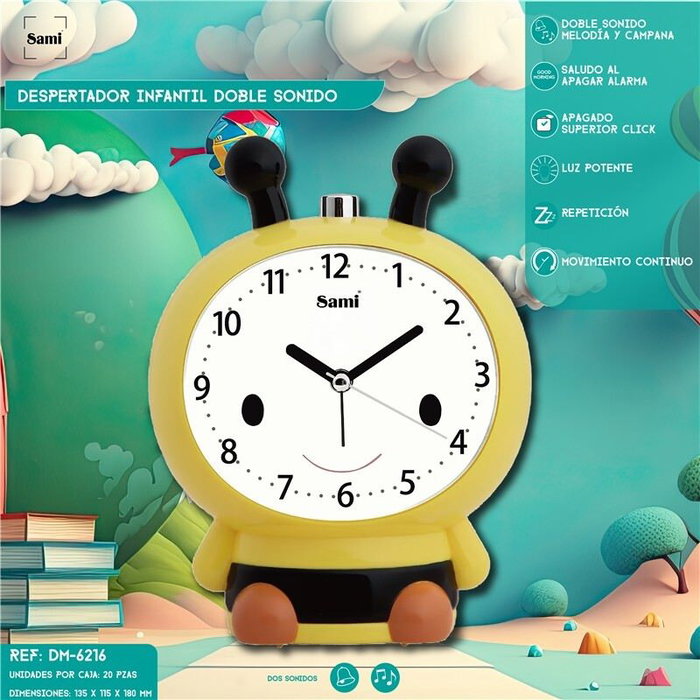 SAMI Despertador Infantil Muñeco Abeja con Melodía, Despertador para Niños, Reloj de Alarma SAMI