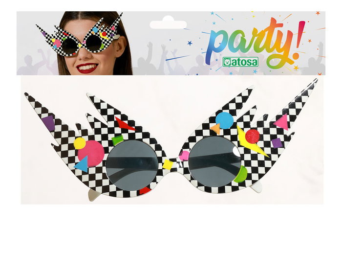 Atosa Gafas de Sol Redondas Retro Disco con Montura Ajedrez y Formas Multicolor Neón