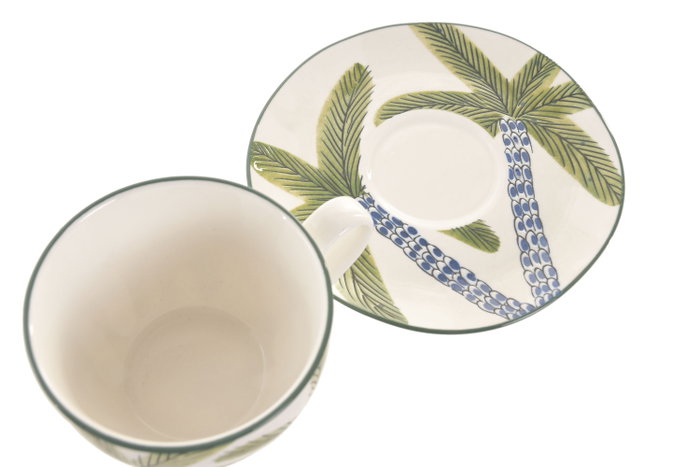 DKD Home Decor Conjunto de Taza y Plato de Porcelana PALM 25 Azul