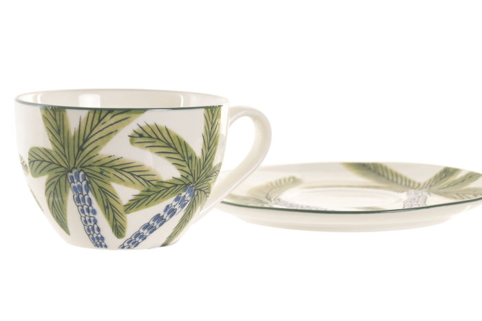 DKD Home Decor Conjunto de Taza y Plato de Porcelana PALM 25 Azul