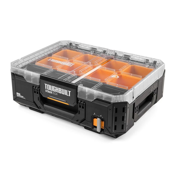 Toughbuilt Organizador Stacktech de Polímero con Esquinas de Acero, 53 x 40.5 x 19 cm, Incluye 8 Contenedores, Tapa Transparente Reforzada, IP65, Capacidad 34 kg