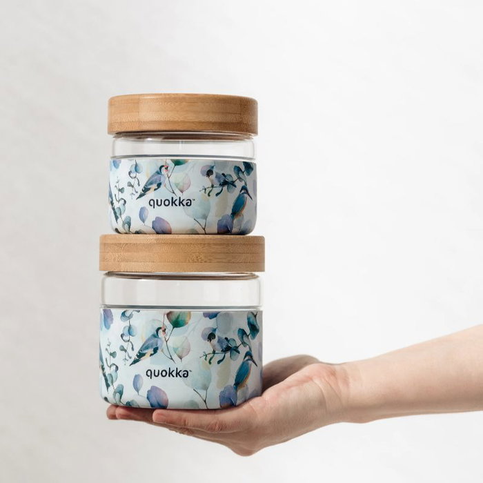QUOKKA Recipiente de Cristal para Comida 820 ml con Funda, Deli Blue Nature