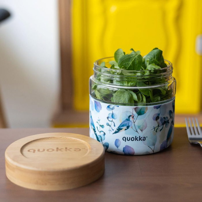 QUOKKA Recipiente de Cristal para Comida 820 ml con Funda, Deli Blue Nature