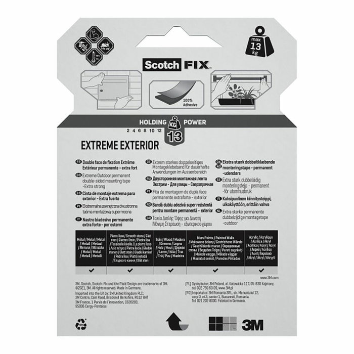Scotch Cinta de montaje de doble cara Extreme para exteriores, 19mm x 5m Scotch Cinta de montaje de doble cara Extreme para exteriores, 19mm x 5m