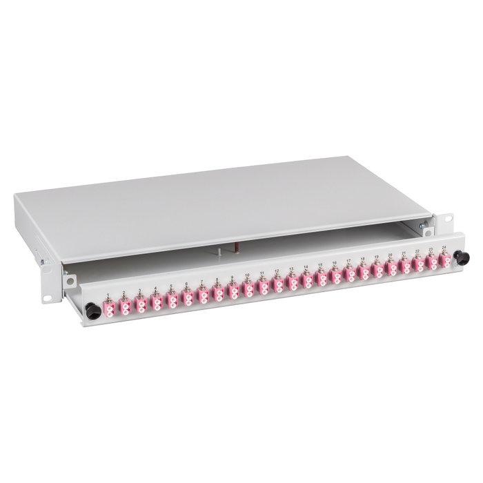 EFB Elektronik Spleibox gris extraíble LC OM4 con 24x Pigtail y 12x Acoplador Duplex