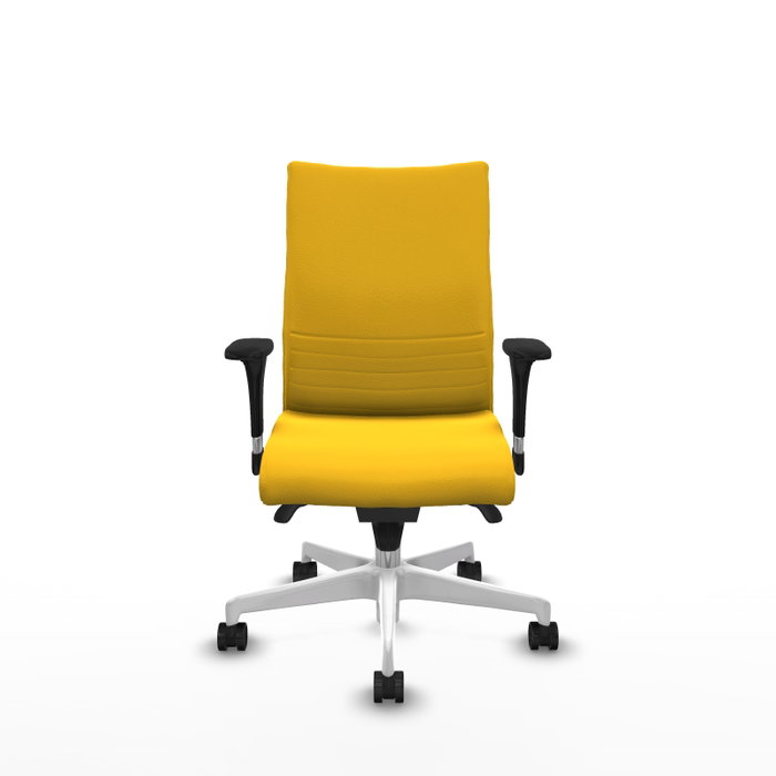 Silla Albacete confidente con mecanismo Sincro tapizada con Similpiel color Amarillo. Equipada con Base poliamida blanca, Brazos 1D y Ruedas 65mm nailon