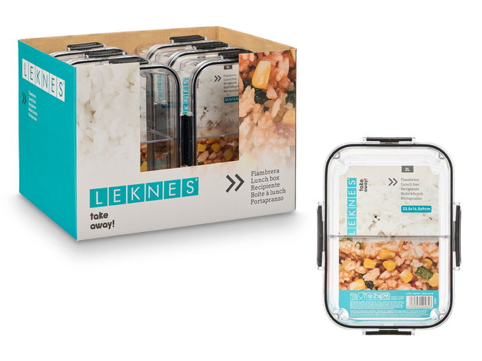 Leknes Fiambrera Hermética con Divisorios Negra 2L, 24x16.5x9 cm (Set de 12)