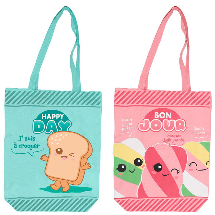 The Concept Factory Bolsa Tote Bag Kawaii Happy day (verde), Bonjour (rosa)