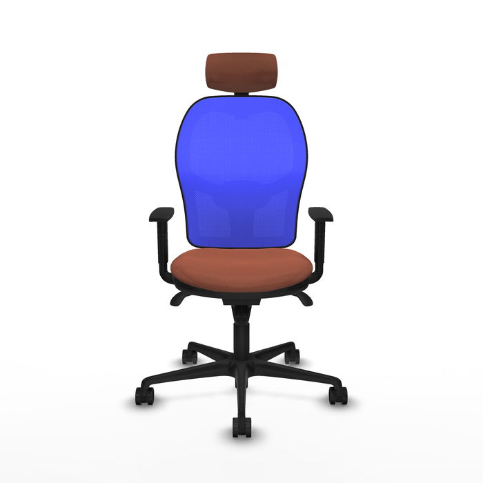 Silla de oficina Jorquera con mecanismo Sincro tapizada con Tela color Marrón y malla color Azul. Equipada con lumbar 1D, Brazos 1D, Cabecero 2D y Ruedas 65mm nailon