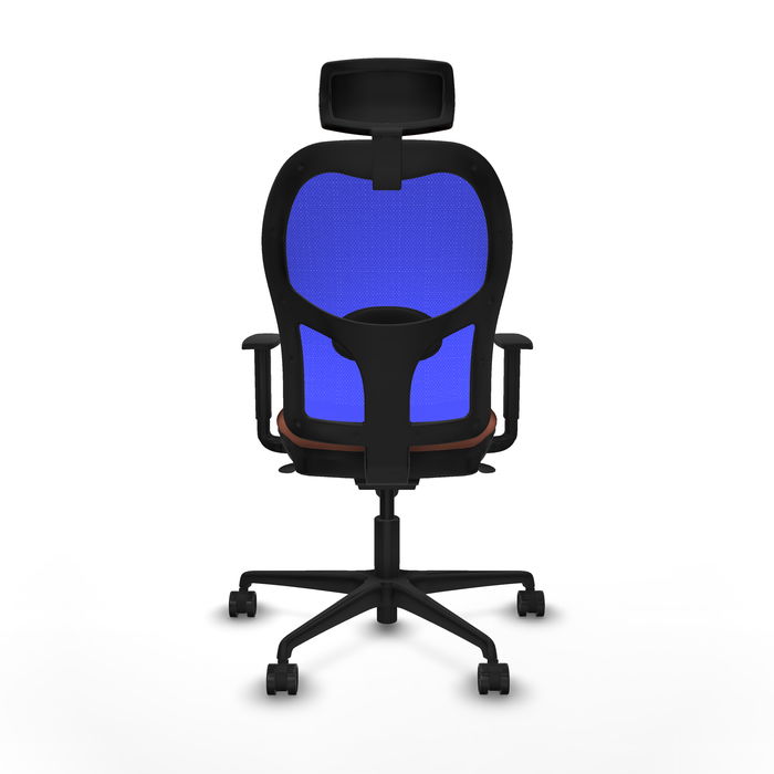 Silla de oficina Jorquera con mecanismo Sincro tapizada con Tela color Marrón y malla color Azul. Equipada con lumbar 1D, Brazos 1D, Cabecero 2D y Ruedas 65mm nailon