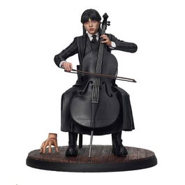 SD Toys Figura Coleccionable Wednesday Addams con Violonchelo 15 cm, Licencia Oficial Netflix, Resina Pintada a Mano, Detalles de Alta Calidad, Incluye Base y Thing