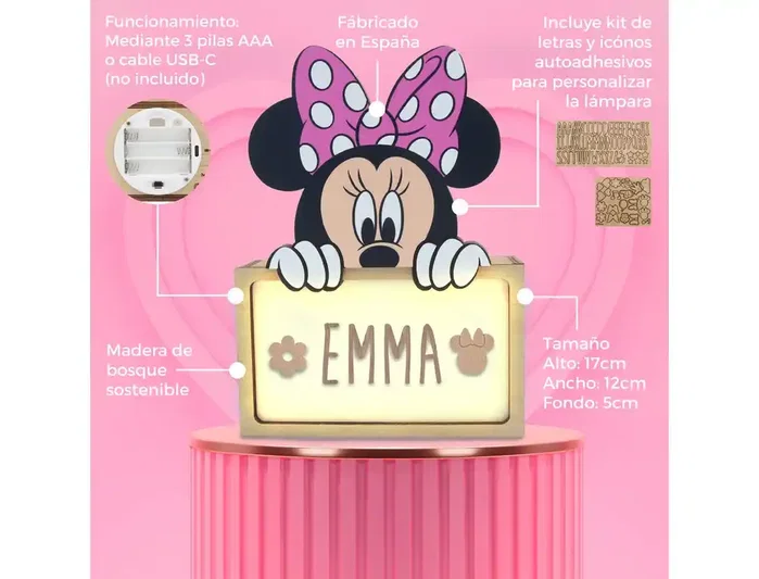 Wondee Lampara personalizable de madera con diseño de Minnie, funciona con batería, potencia 0.6W, flujo luminoso 60 lm