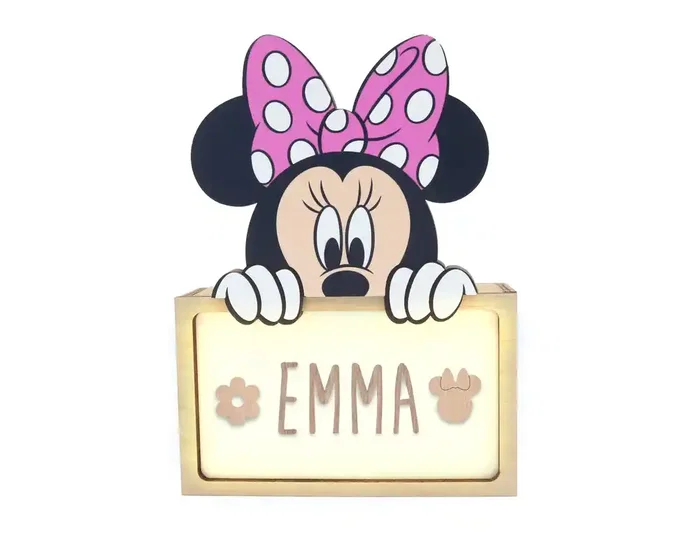 Wondee Lampara personalizable de madera con diseño de Minnie, funciona con batería, potencia 0.6W, flujo luminoso 60 lm