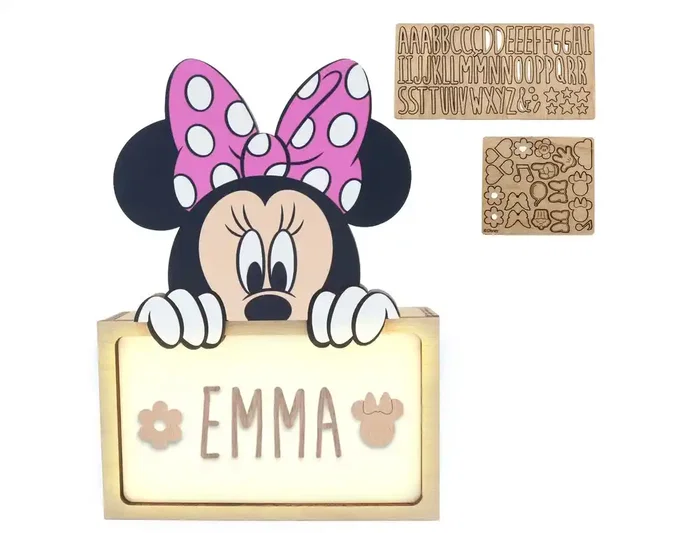 Wondee Lampara personalizable de madera con diseño de Minnie, funciona con batería, potencia 0.6W, flujo luminoso 60 lm