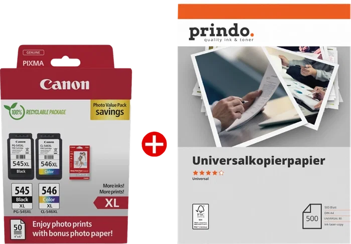 Canon Paquete de Valor PG-545XL + CL-546XL MCVP con Papel Prindo 500 Hojas