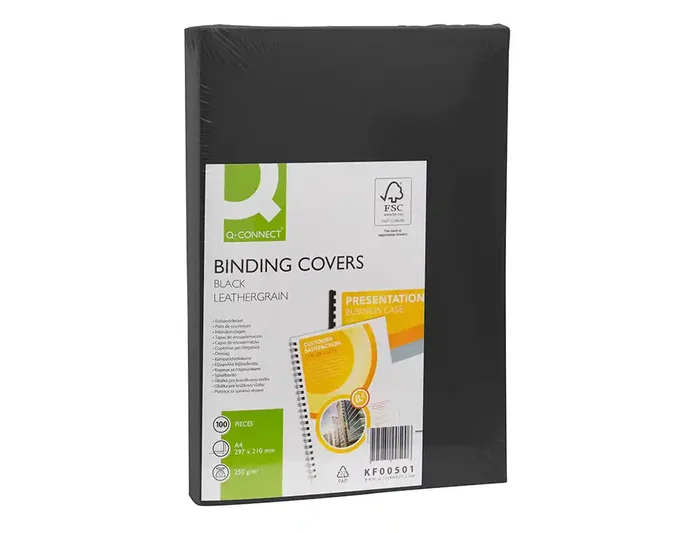 Q-connect Tapa Encuadernacion Carton Simil Piel DIN A4 Negro 250 gr Caja 100 Unidades