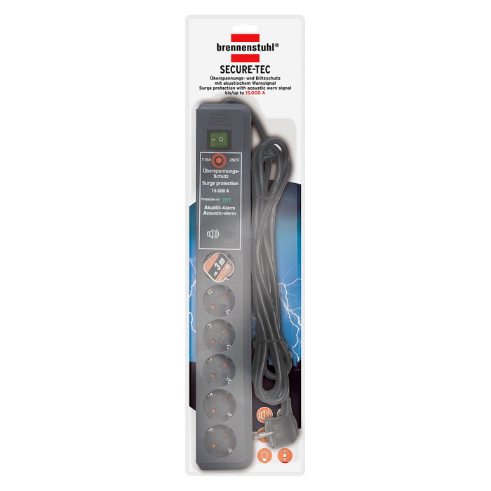 Brennenstuhl Secure-Tec Regleta de 6 tomas con protección contra sobretensiones, 3m, Antracita